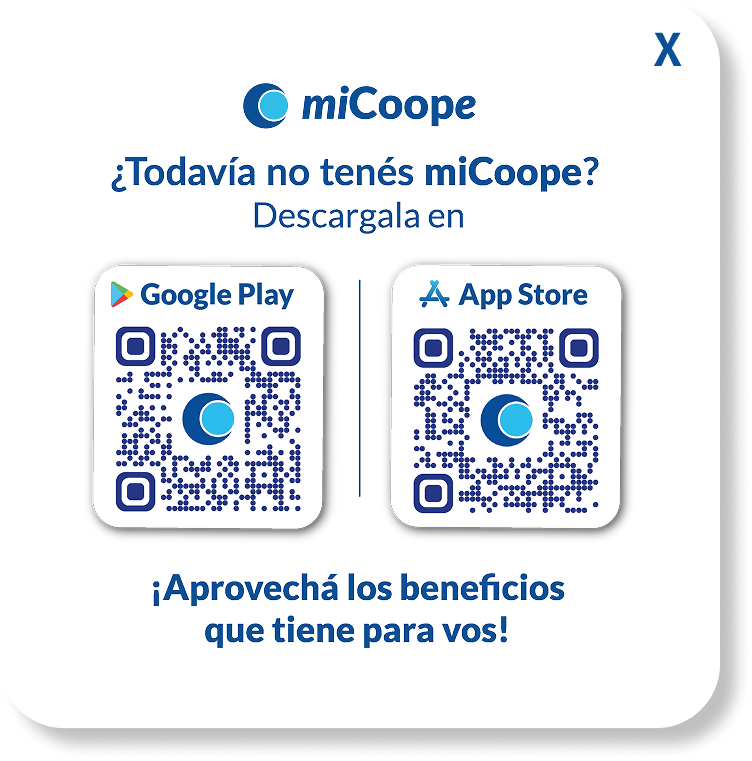 ¿Todavía no tenés miCoope? Descargala en Google Play o App Store escaneando el código QR. ¡Aprovechá los beneficios que tiene para vos!